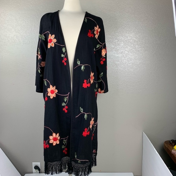 Umgee Black Gorgeous Embroidered Floral Fringed Cardigan Fringe is 2022 Trend - Picture 2 of 16